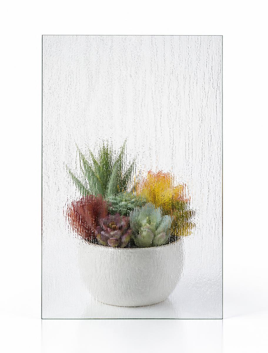 Rain textured shower glass sample with a water-droplet pattern