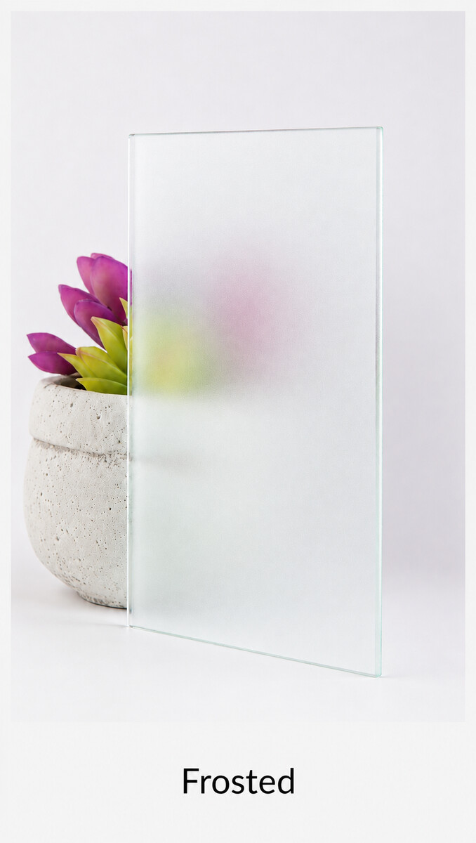 Frosted shower glass sample diffusing the view of a potted succulent