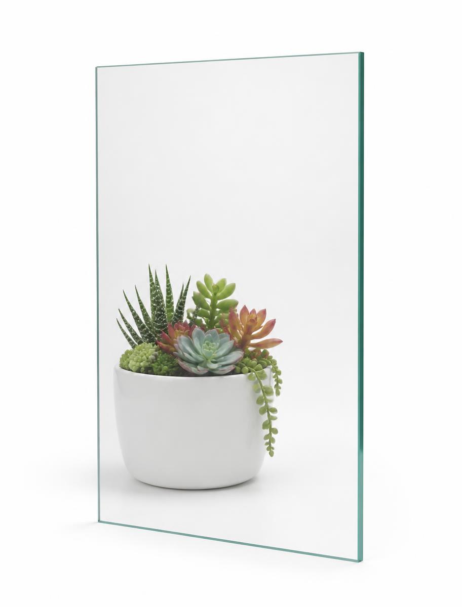 Clear shower glass sample with a potted succulent visible behind the panel